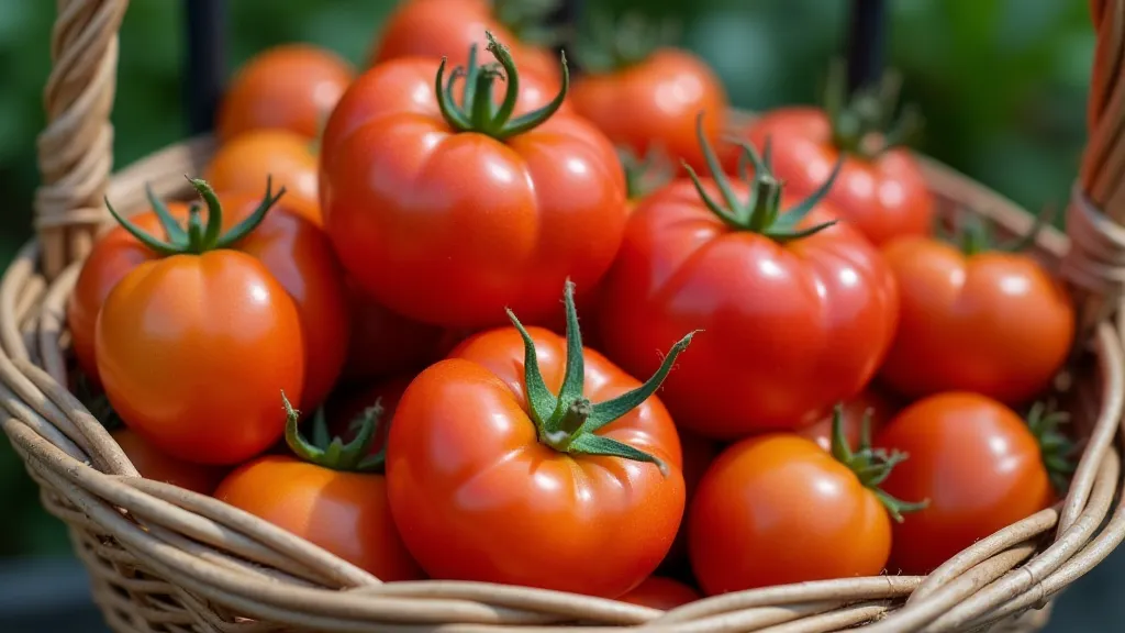 Basket of ripe Arkansas Traveler tomatoes