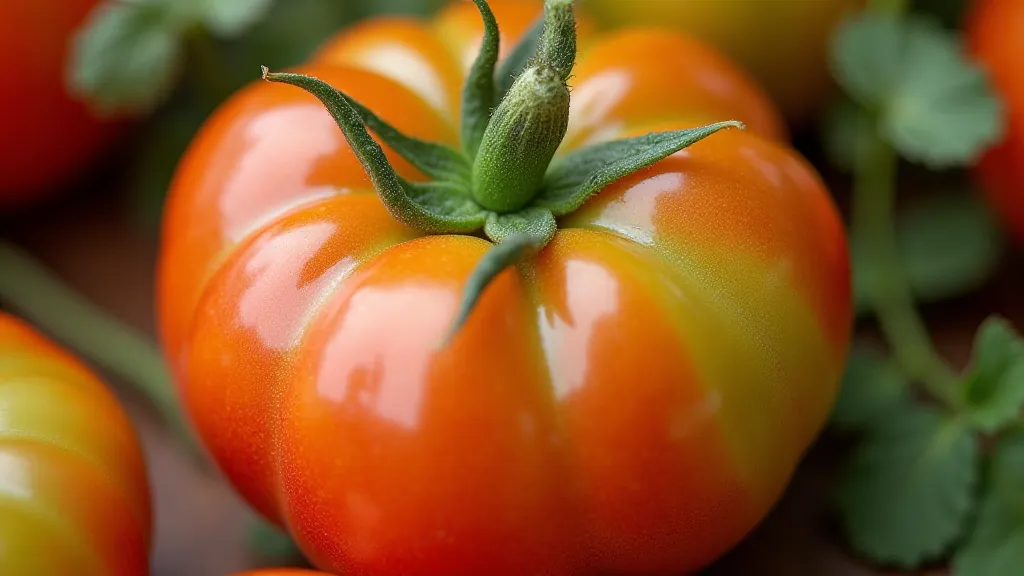 Close up of a ripe Arkansas Traveler tomato