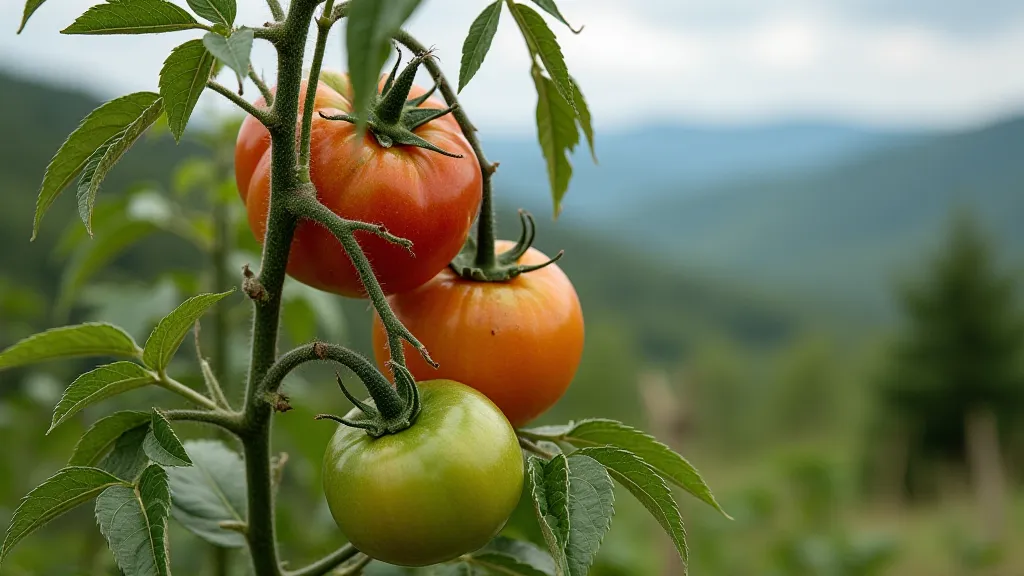 Arkansas Traveler tomato plant with ripe fruit in Appalachian setting