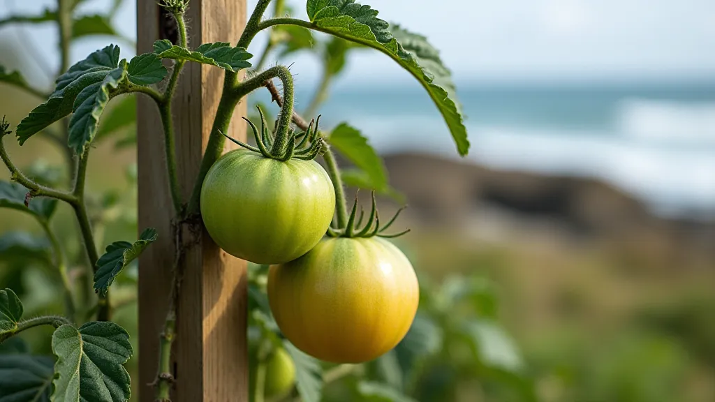 Heirloom tomato plant supported by a wooden stake in a coastal setting