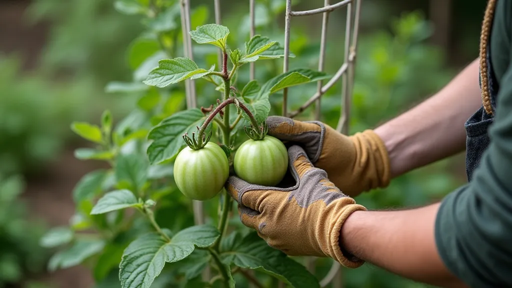 Gardener staking a Green Zebra tomato plant