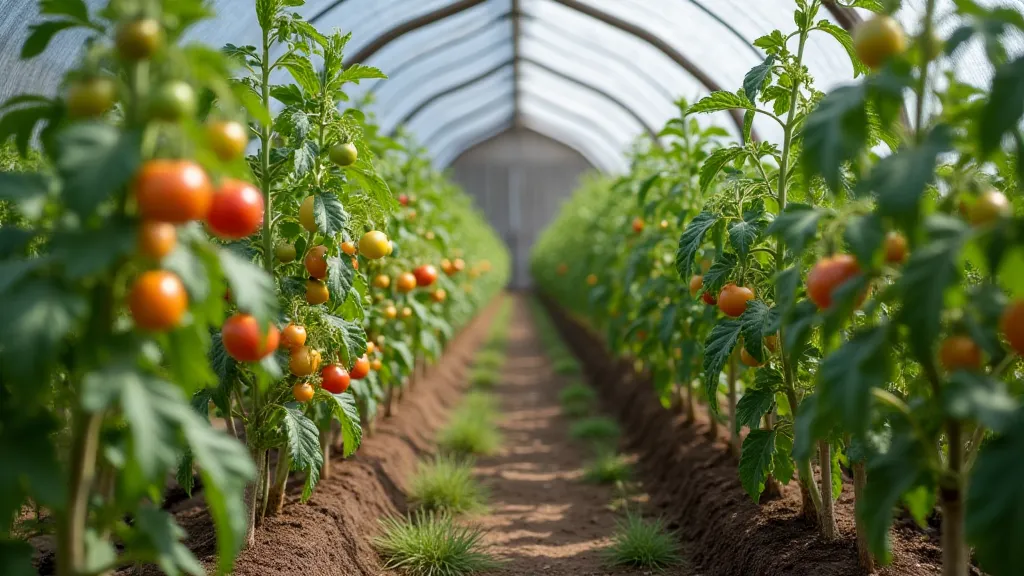 Heirloom tomatoes growing in a greenhouse