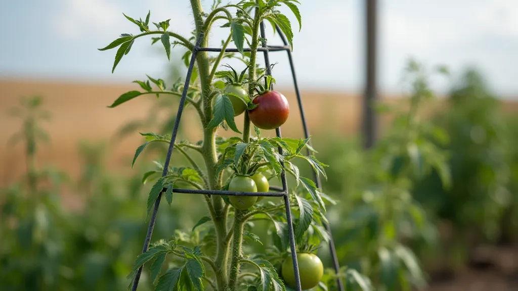 Purple Cherokee tomato plant in a cage