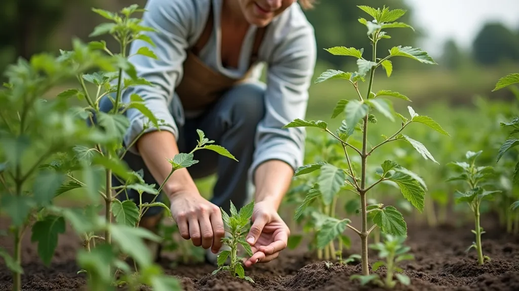 Gardener staking a tomato plant