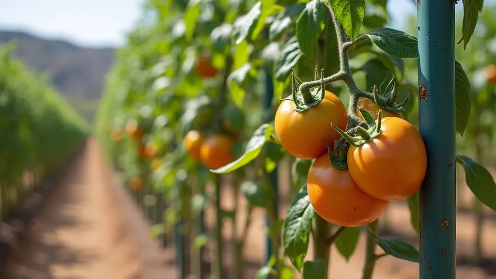 Heirloom tomato plants on a metal trellis in a desert climate
