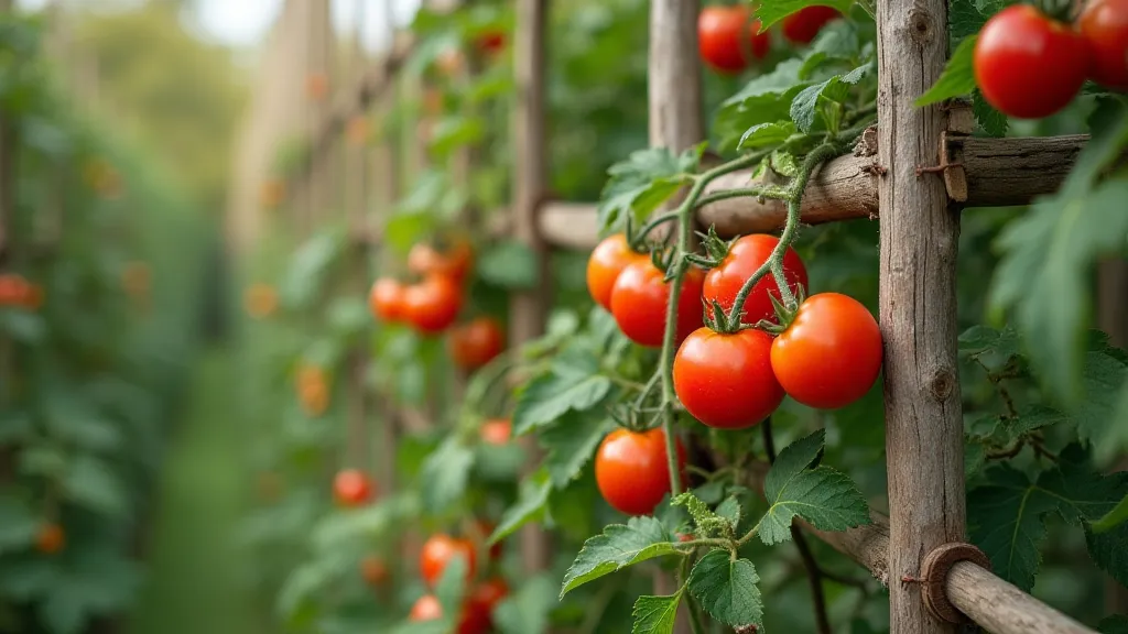 Heirloom tomato plant on a wooden trellis